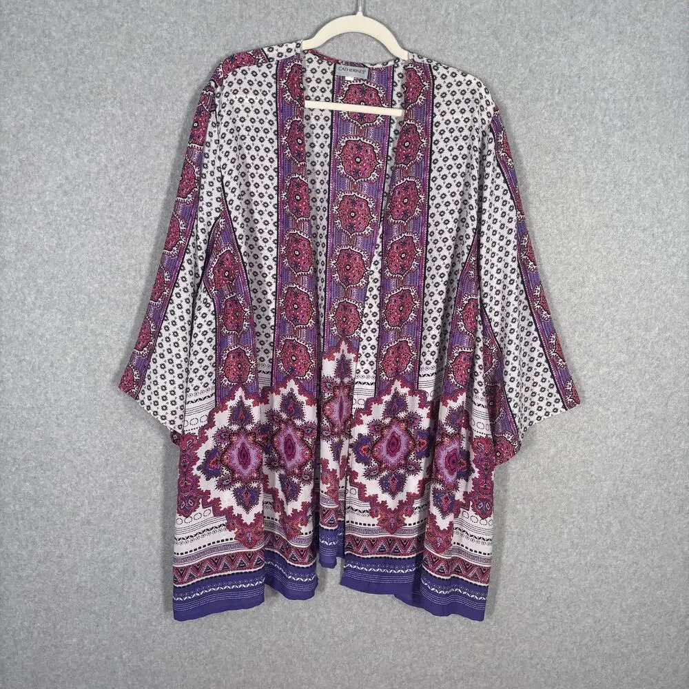 Catherines Kimono Cardigan 3X Pink Purple Paisley Boho Cover Up Medallion Duster